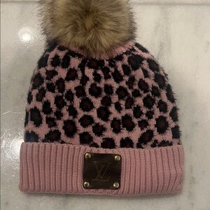Louis Vuitton Pink Leopard Print Beanie with Fur Pom